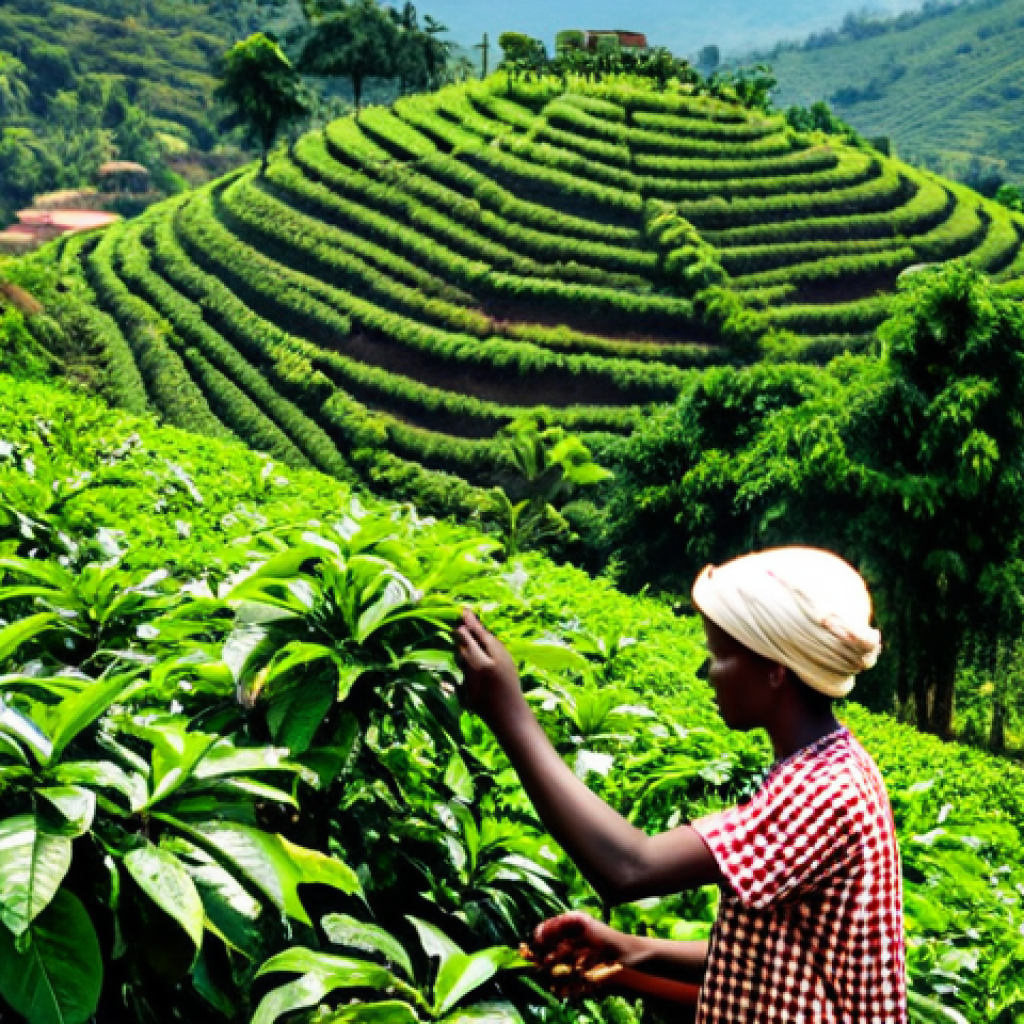 부룬디의 커피 농업 - Burundi Coffee Farm** "A lush Burundi coffee farm on a hillside, coffee plants with ripe cherries, ...