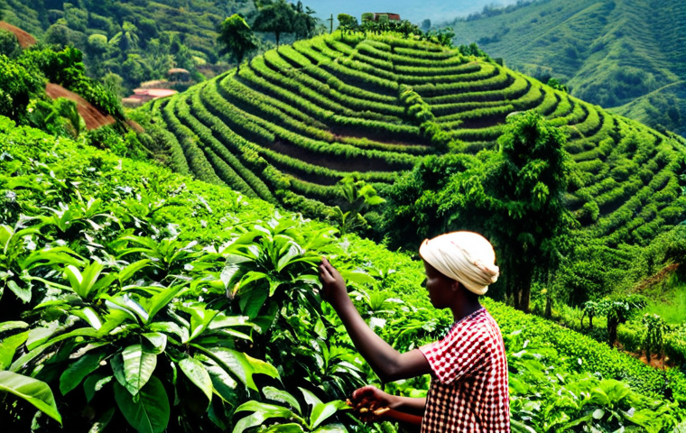 부룬디의 커피 농업 - Burundi Coffee Farm** "A lush Burundi coffee farm on a hillside, coffee plants with ripe cherries, ...