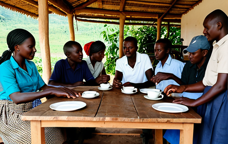 부룬디의 커피 농업 - Burundi Coffee Farm** "A lush Burundi coffee farm on a hillside, coffee plants with ripe cherries, ...