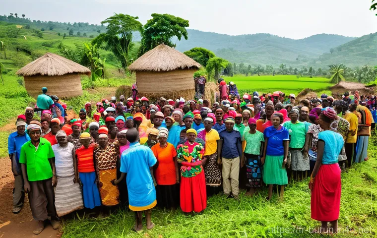 부룬디 부족 사회 구조 - **Prompt 1: A Vibrant Burundian Community Gathering for Umuganda** "A wide-angle shot capturing ...