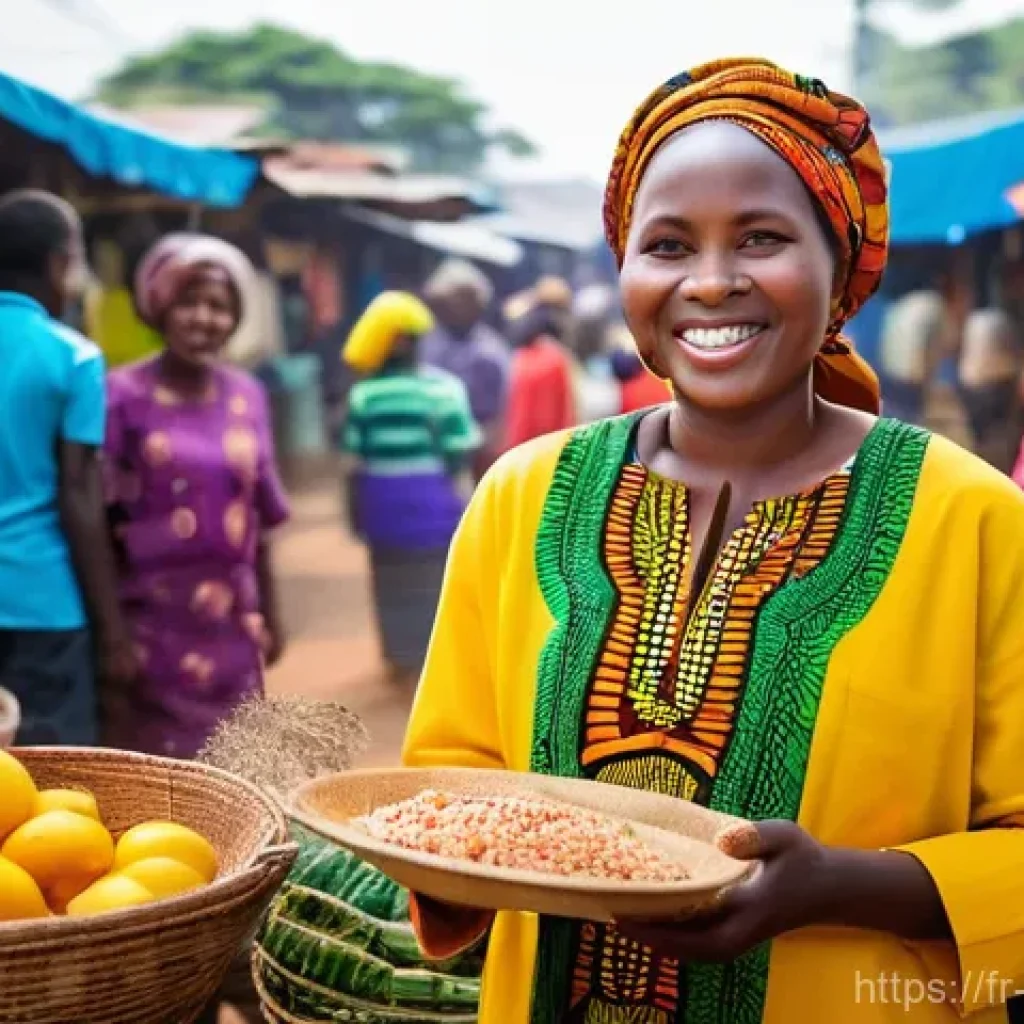 부룬디 주요 도시 탐방 - **Prompt:** A bustling, vibrant Burundian open-air market scene. Focus on a stall showcasing a color...