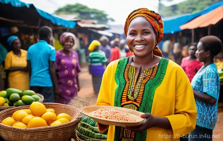 부룬디 주요 도시 탐방 - **Prompt:** A bustling, vibrant Burundian open-air market scene. Focus on a stall showcasing a color...