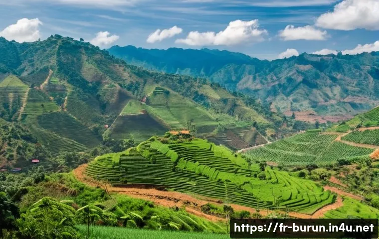 부룬디 정부의 환경 정책 - **Prompt:** A panoramic view of Burundi's "Land of a Thousand Hills," showcasing a stark contrast be...