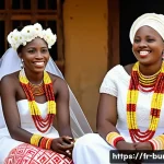 부룬디 전통 혼례의 상징 - A traditional Burundian wedding scene featuring a bride dressed in a handwoven "umushanana" fabric w...