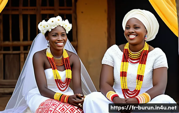 부룬디 전통 혼례의 상징 - A traditional Burundian wedding scene featuring a bride dressed in a handwoven "umushanana" fabric w...