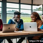 부룬디 청년의 역할 - A vibrant scene of young Burundian entrepreneurs collaborating in a modern co-working space, surroun...