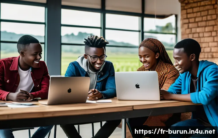 부룬디 청년의 역할 - A vibrant scene of young Burundian entrepreneurs collaborating in a modern co-working space, surroun...