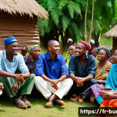 부룬디 현대 정치의 구조 - A detailed scene depicting a diverse group of Burundian community members engaging in a peaceful int...