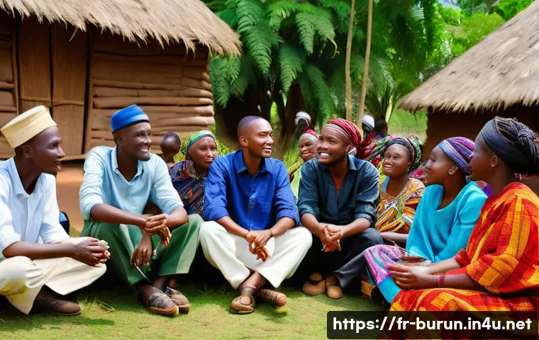 부룬디 현대 정치의 구조 - A detailed scene depicting a diverse group of Burundian community members engaging in a peaceful int...