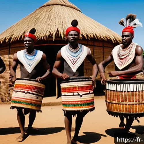 부룬디와 르완다의 문화 비교 - A vibrant scene depicting the traditional Intore dance from Burundi: a group of men dressed in color...