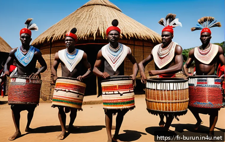 부룬디와 르완다의 문화 비교 - A vibrant scene depicting the traditional Intore dance from Burundi: a group of men dressed in color...
