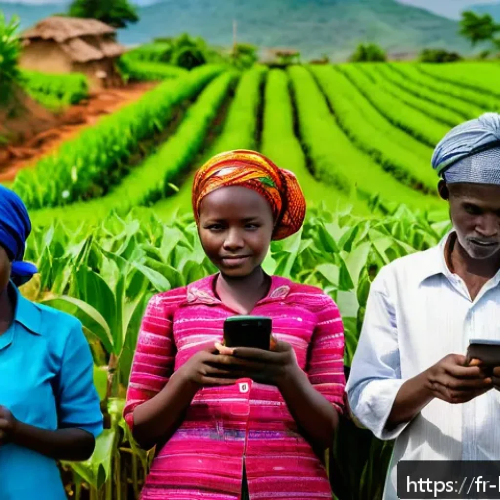 부룬디 농업 혁신 프로젝트 - A vibrant rural Burundi village scene showcasing smallholder farmers using smartphones with agricult...