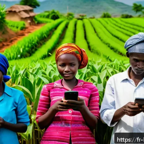 부룬디 농업 혁신 프로젝트 - A vibrant rural Burundi village scene showcasing smallholder farmers using smartphones with agricult...