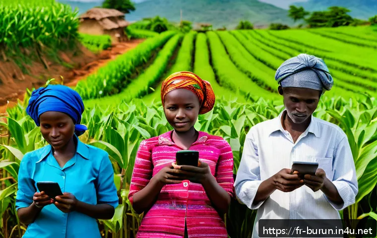 부룬디 농업 혁신 프로젝트 - A vibrant rural Burundi village scene showcasing smallholder farmers using smartphones with agricult...