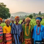 키룬디어 기초 표현 - A warm and inviting rural Burundian village scene at sunrise, featuring a diverse group of villagers...