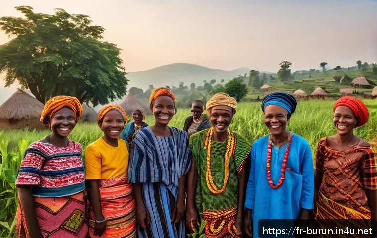 키룬디어 기초 표현 - A warm and inviting rural Burundian village scene at sunrise, featuring a diverse group of villagers...