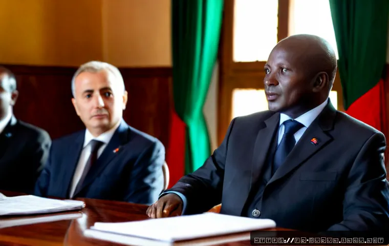 Home 17 부룬디 주요 정치가 - Photorealistic editorial scene of a Burundian senior political leader in a tailored dark suit speaki...