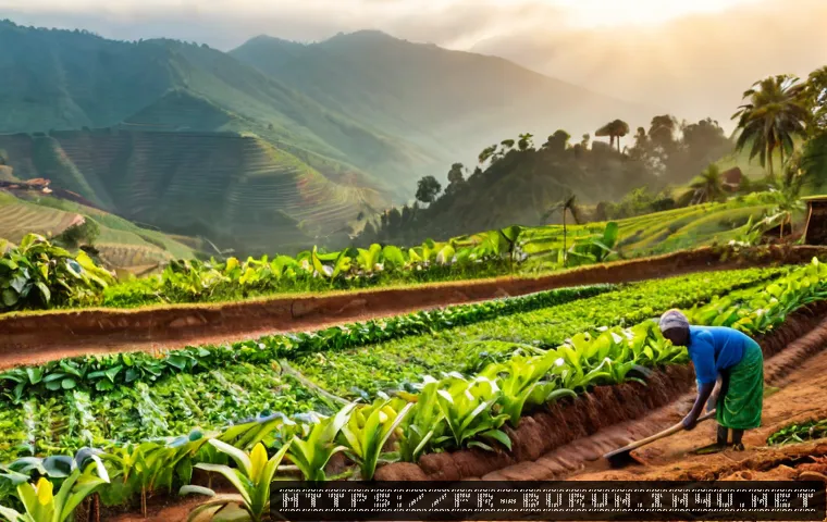 Home 17 부룬디 전통 농업 방식 - Photorealistic rural Burundi hillside at sunrise, smallholder farmers in modest colorful work clothi...